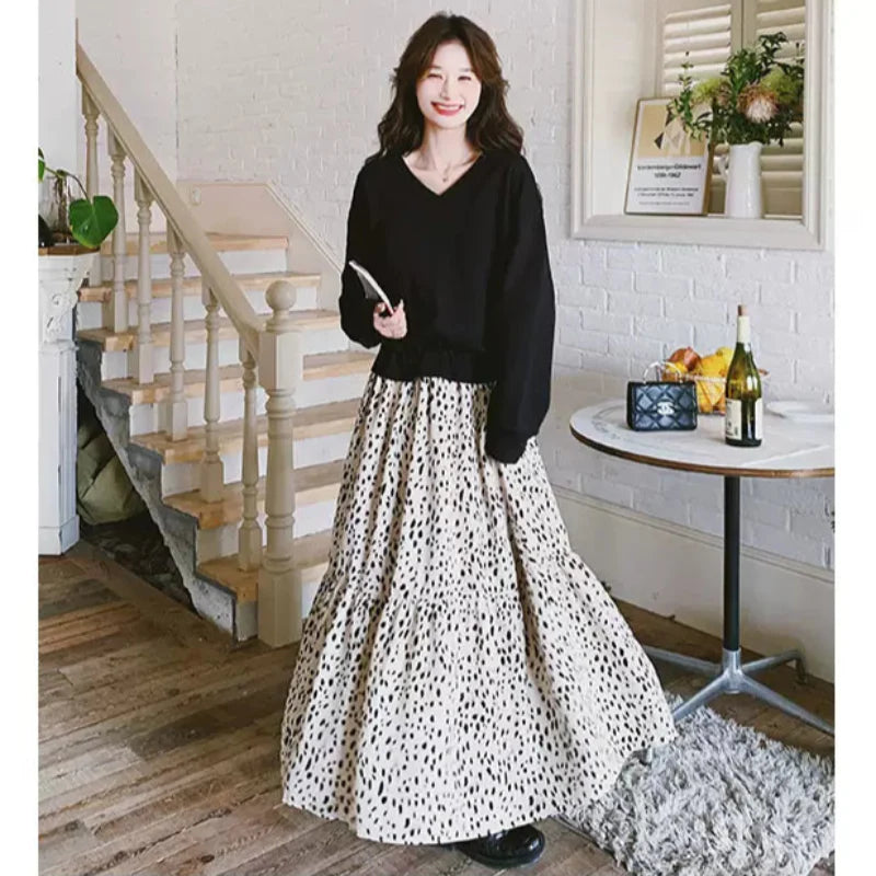 【即納】Vネックトップス×ダルメシアンスカートドッキングワンピース