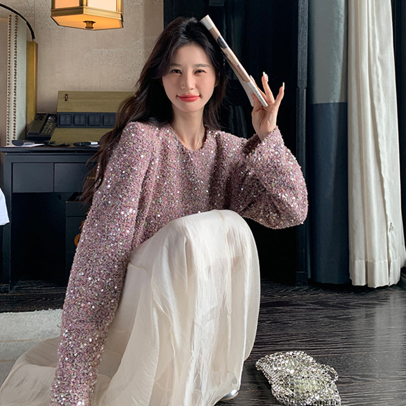 ラメ入りツイード風ショート丈トップス