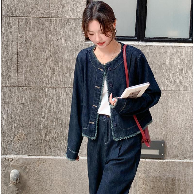 【即納】タッセルデニムジャケット×ワイドパンツセットアップ