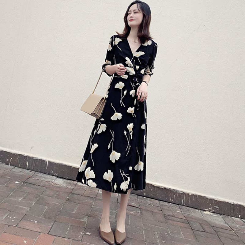 【即納】モダンフラワープリントカシュクールワンピース