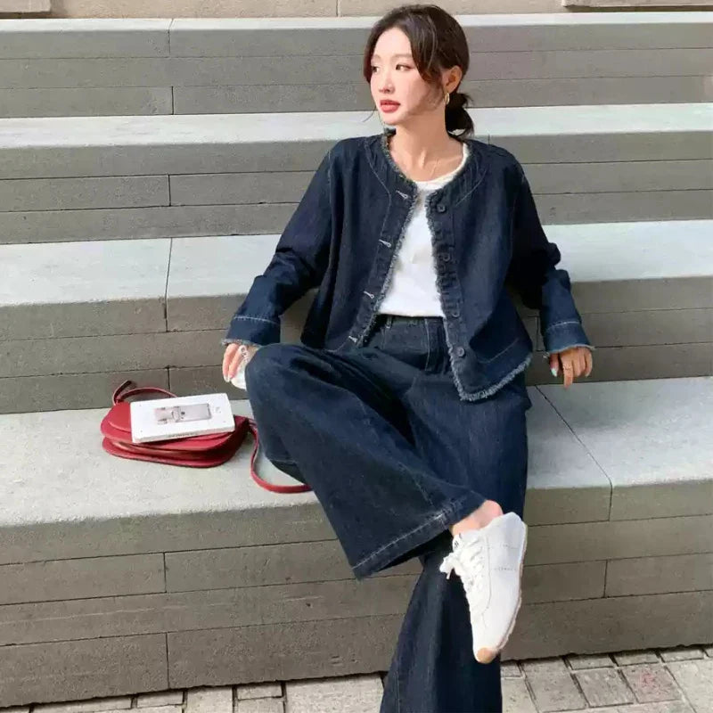 【即納】タッセルデニムジャケット×ワイドパンツセットアップ