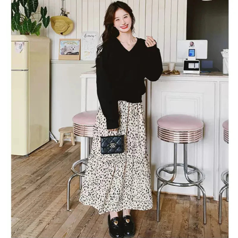 【即納】Vネックトップス×ダルメシアンスカートドッキングワンピース