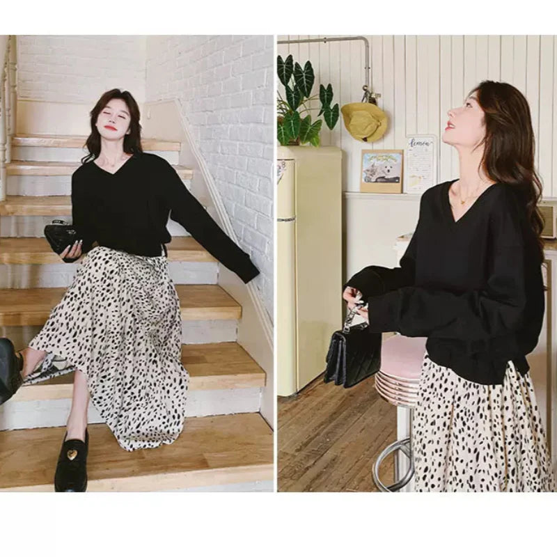 【即納】Vネックトップス×ダルメシアンスカートドッキングワンピース