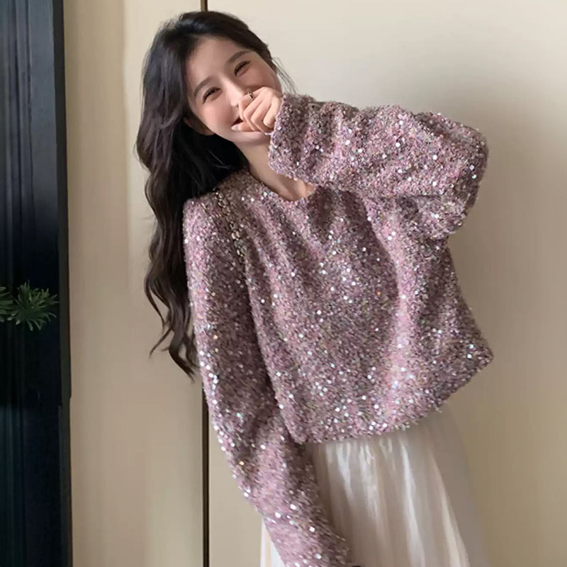 ラメ入りツイード風ショート丈トップス