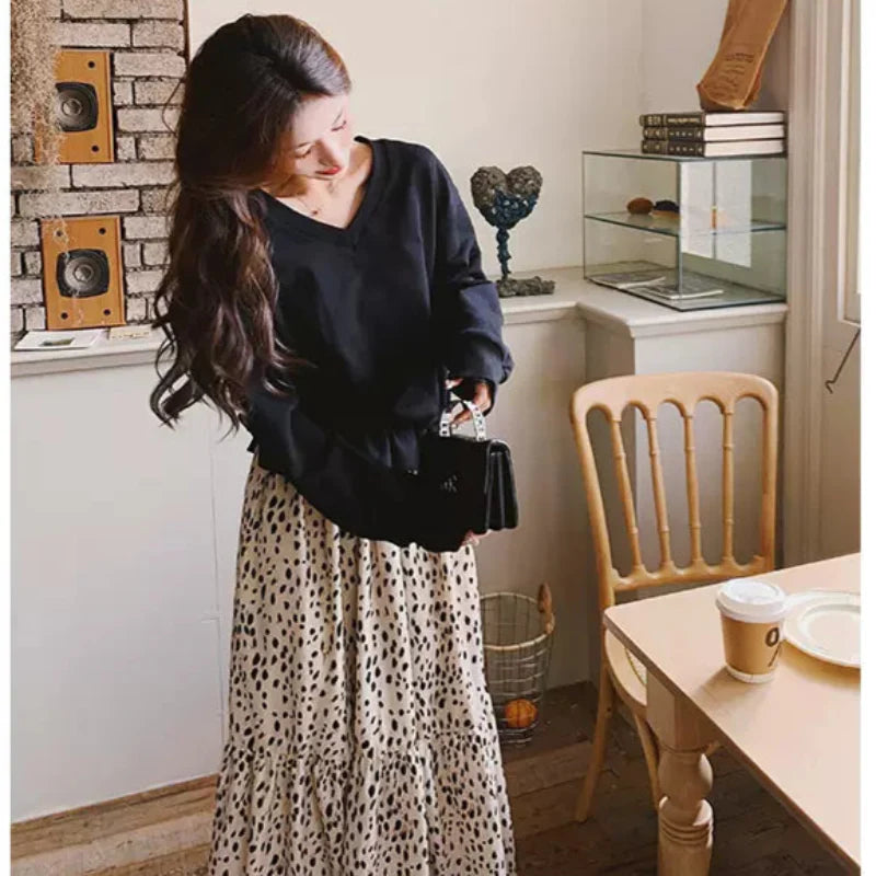 【即納】Vネックトップス×ダルメシアンスカートドッキングワンピース