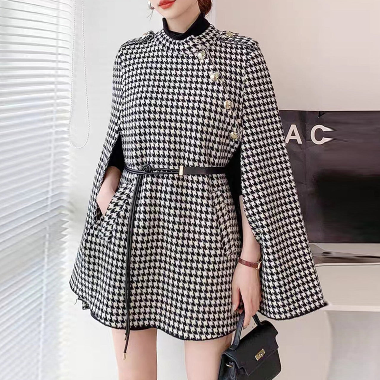 【Outer】千鳥格子ツイードケープコート　W14597